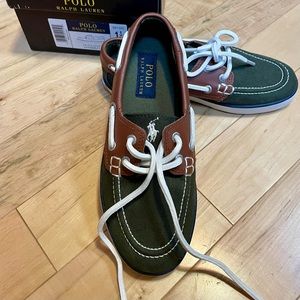 POLO by RL - Boy's Sander-CL Loafers Boat Slip On Shoe Olive Tan, laces Size 1.5